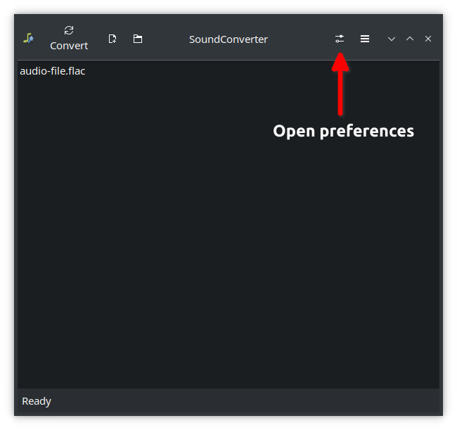 SoundConverter main window showing the preferences (gear) icon