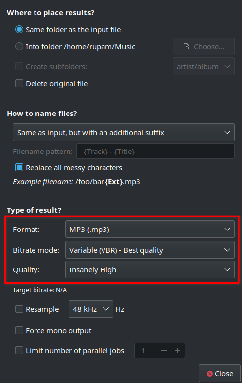 SoundConverter preferences window with format and quality options for audio conversion