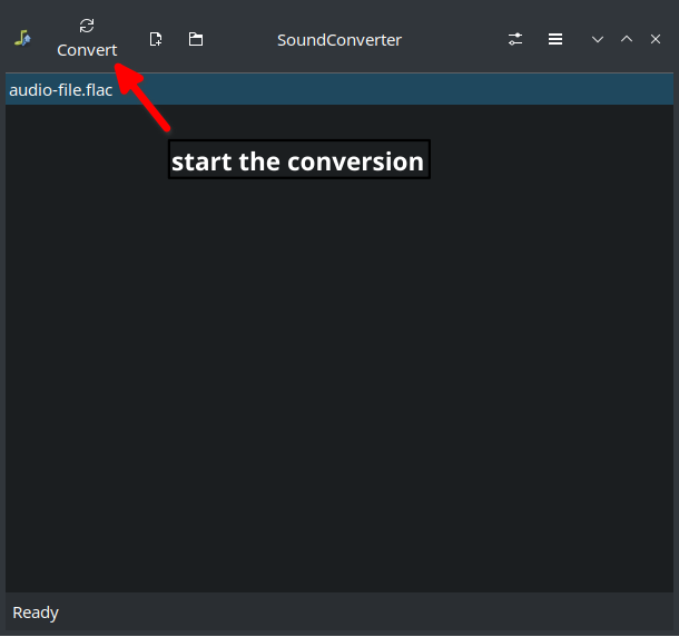SoundConverter main window highlighting the Convert button and showing progress